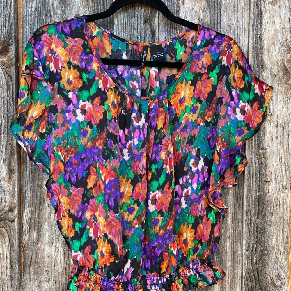 New Directions PM Jewel Tone Floral Flutter Sleeve‎ Elastic Waist Top
